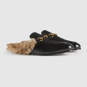 Men's Black Gucci Leather Princetown Loafers With Fur